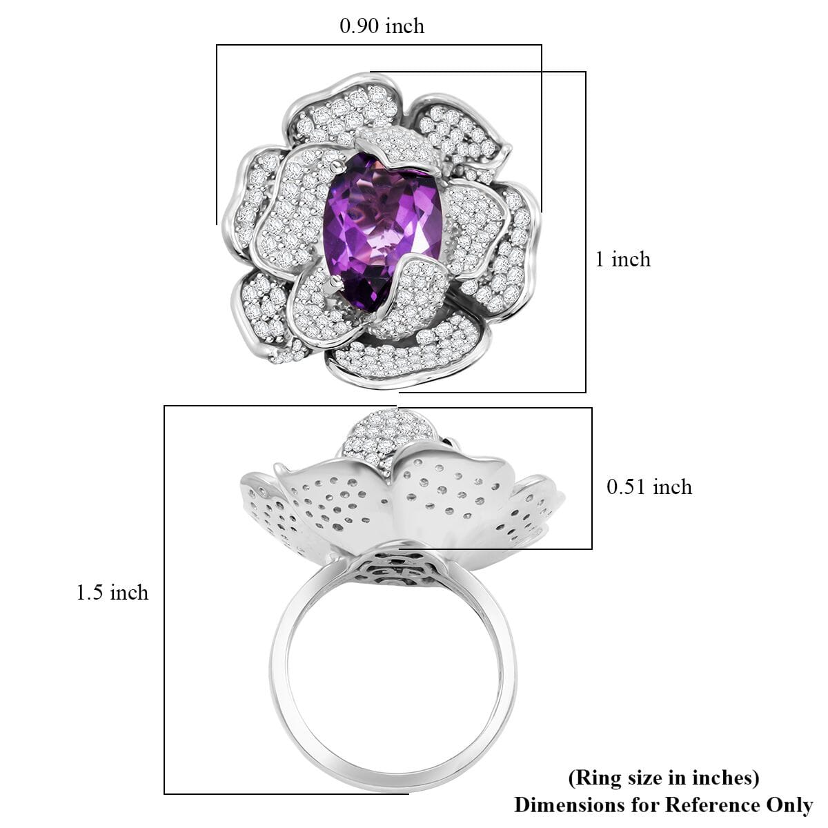 GP Italian Garden Collection Rose De France Amethyst and White Zircon 8.50 ctw Floral Ring in Rhodium Over Sterling Silver (Size 6.5) image number 4