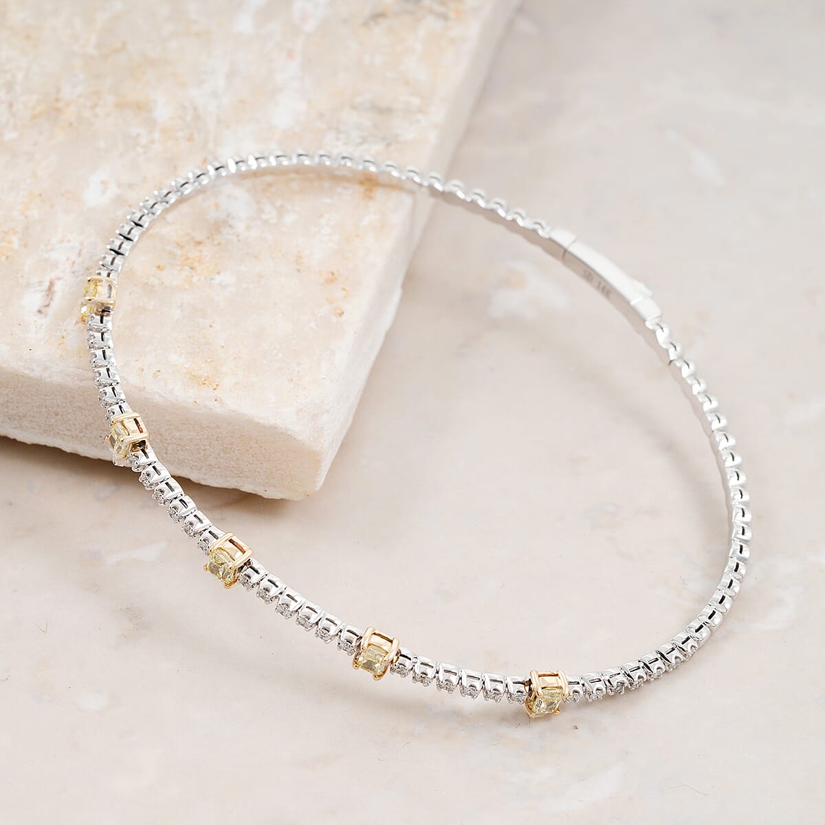 Modani Closeout Deal 14K White and Yellow Gold Natural Yellow and White Diamond (SI) Bangle Bracelet (6.75 In) (4.35 g) 0.90 ctw image number 1