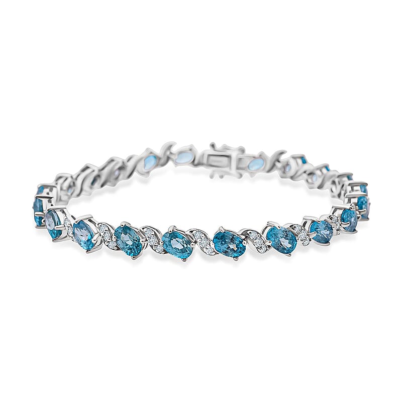 D'Joy Premium Cambodian Blue Zircon and Moissanite 15.50 ctw Whispers in Blue Bracelet in Rhodium Over Sterling Silver (6.50 In)