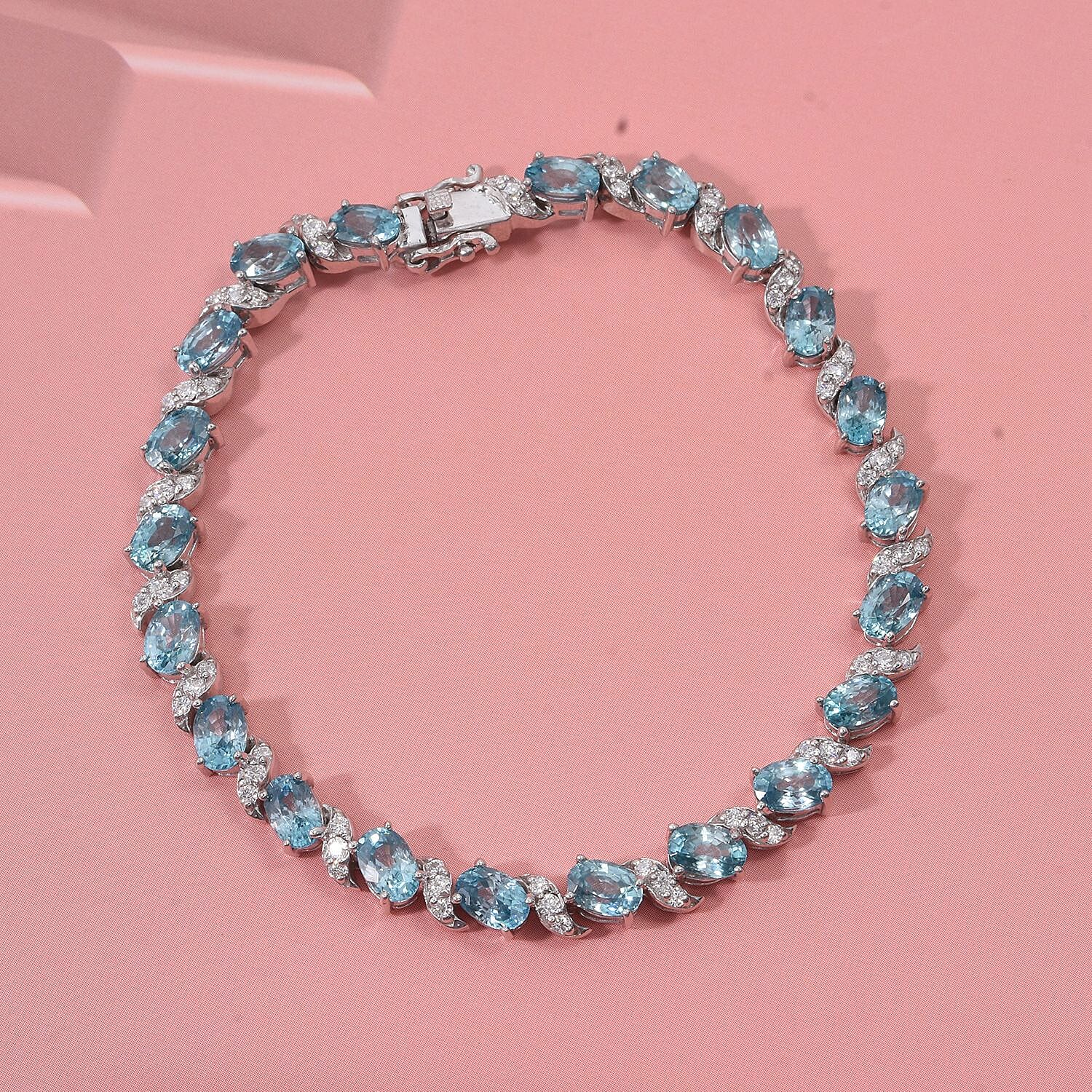 D'Joy Premium Cambodian Blue Zircon and Moissanite 15.50 ctw Whispers in Blue Bracelet in Rhodium Over Sterling Silver (6.50 In)