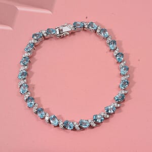 D'Joy Premium Cambodian Blue Zircon and Moissanite 15.50 ctw Whispers in Blue Bracelet in Rhodium Over Sterling Silver (6.50 In)