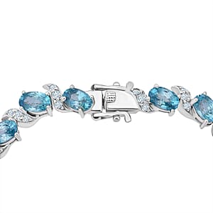 D'Joy Premium Cambodian Blue Zircon and Moissanite 15.50 ctw Whispers in Blue Bracelet in Rhodium Over Sterling Silver (6.50 In)