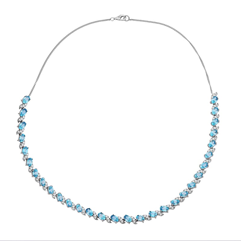 D'Joy Premium Cambodian Blue Zircon and Moissanite 24.90 ctw Whispers in Blue Necklace in Rhodium Over Sterling Silver 18 Inches