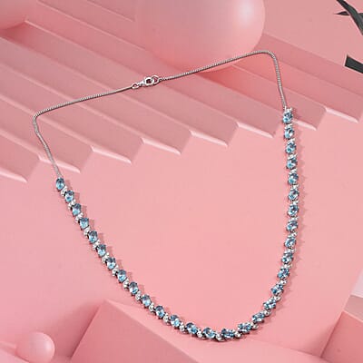D'Joy Premium Cambodian Blue Zircon and Moissanite 24.90 ctw Whispers in Blue Necklace in Rhodium Over Sterling Silver 18 Inches
