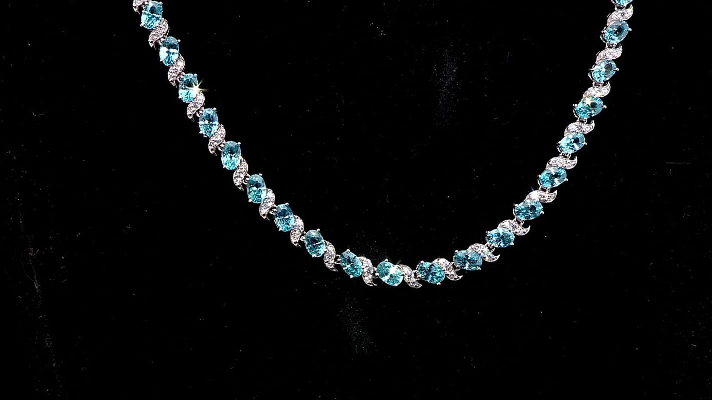 D'Joy Premium Cambodian Blue Zircon and Moissanite 24.90 ctw Whispers in Blue Necklace in Rhodium Over Sterling Silver 18 Inches