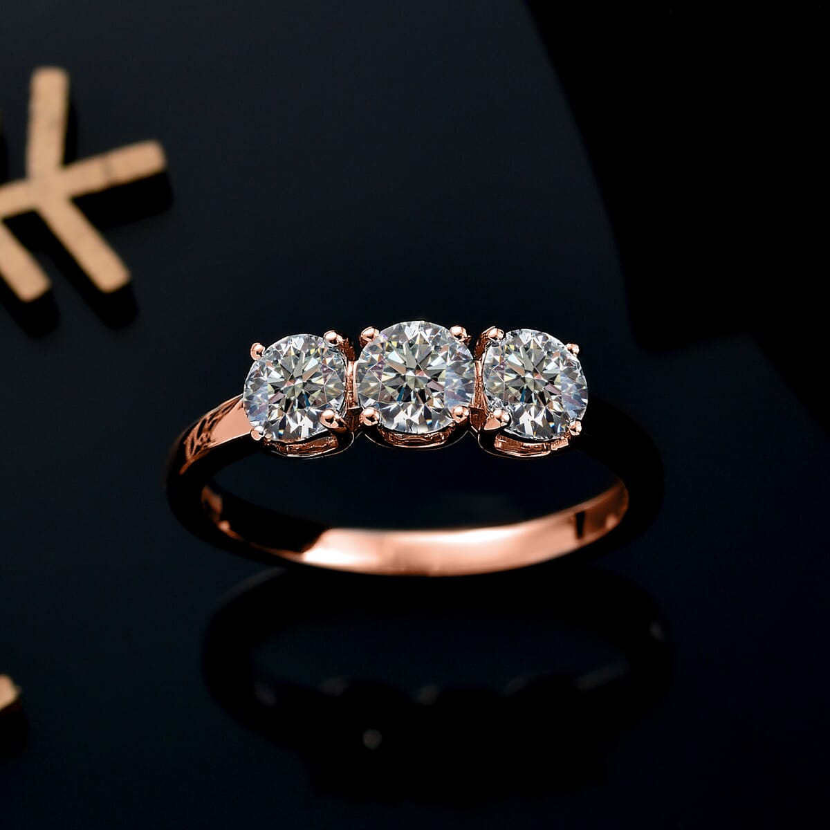 Luxuriant Lab Grown Diamond E-F VS 1.00 ctw 3 Stone Ring in 18K Vermeil Rose Gold Over Sterling Silver (Size 7.5) image number 1
