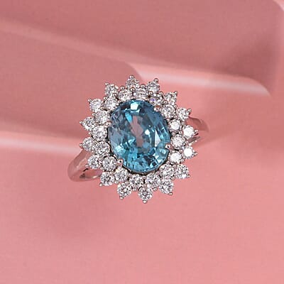 AAA Cambodian Blue Zircon and G-H SI Luxuriant Lab Grown Diamond 5.30 ctw Sea Radiance Ring in 10K White Gold (Size 8.0)