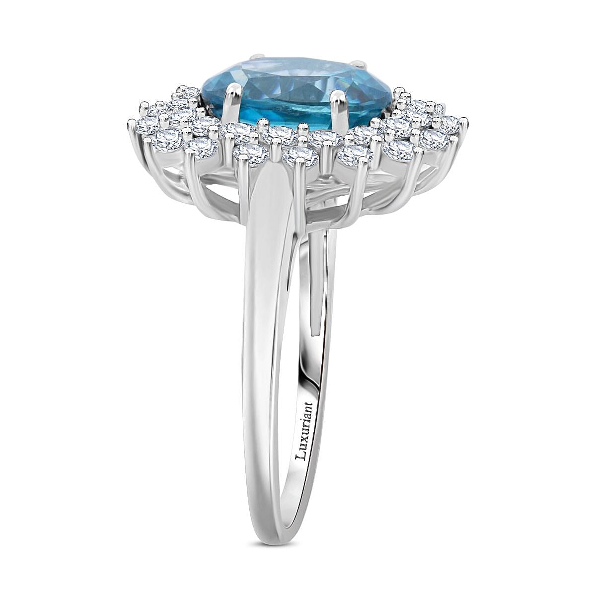 AAA Cambodian Blue Zircon and G-H SI Luxuriant Lab Grown Diamond 5.30 ctw Sea Radiance Ring in 10K White Gold (Size 8.0) image number 3