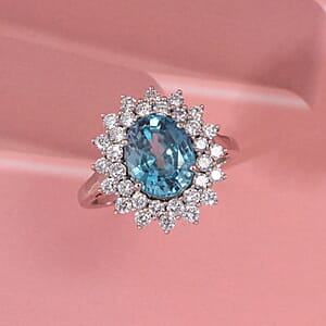 AAA Cambodian Blue Zircon and G-H SI Luxuriant Lab Grown Diamond 5.30 ctw Sea Radiance Ring in 10K White Gold (Size 9.0)