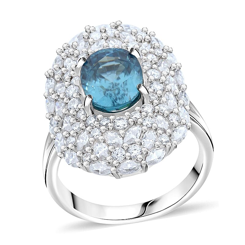 D'Joy Premium Cambodian Blue Zircon and Moissanite 4.50 ctw Ocean Empress Ring in Rhodium Over Sterling Silver (Size 10.0)