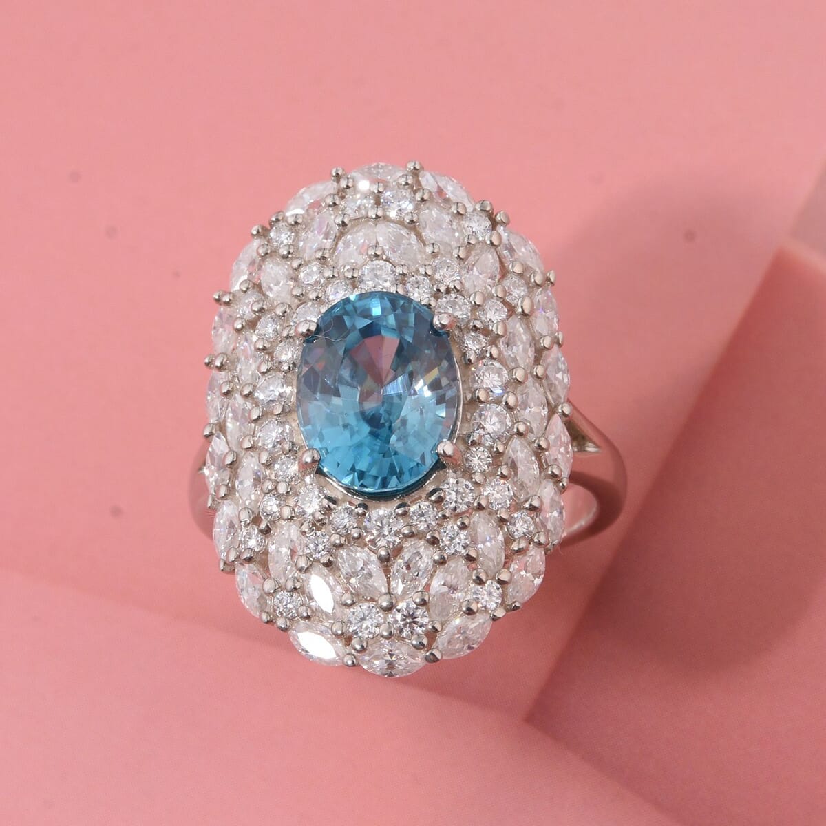 D'Joy Premium Cambodian Blue Zircon and Moissanite 4.50 ctw Ocean Empress Ring in Rhodium Over Sterling Silver (Size 10.0) image number 1