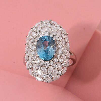 D'Joy Premium Cambodian Blue Zircon and Moissanite 4.50 ctw Ocean Empress Ring in Rhodium Over Sterling Silver (Size 10.0)
