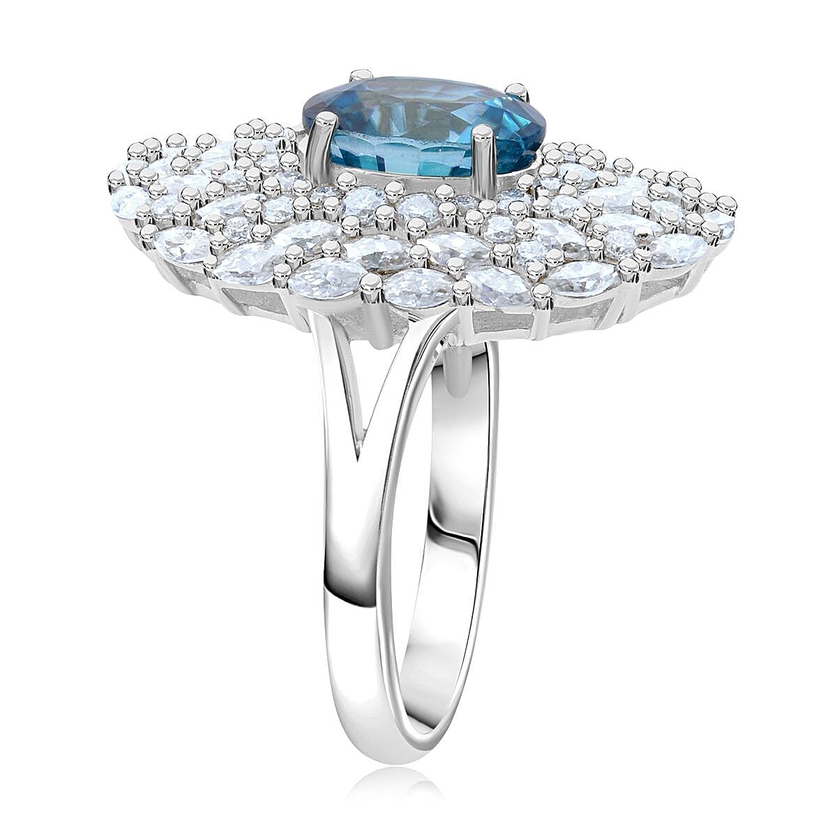 D'Joy Premium Cambodian Blue Zircon and Moissanite 4.50 ctw Ocean Empress Ring in Rhodium Over Sterling Silver (Size 10.0)