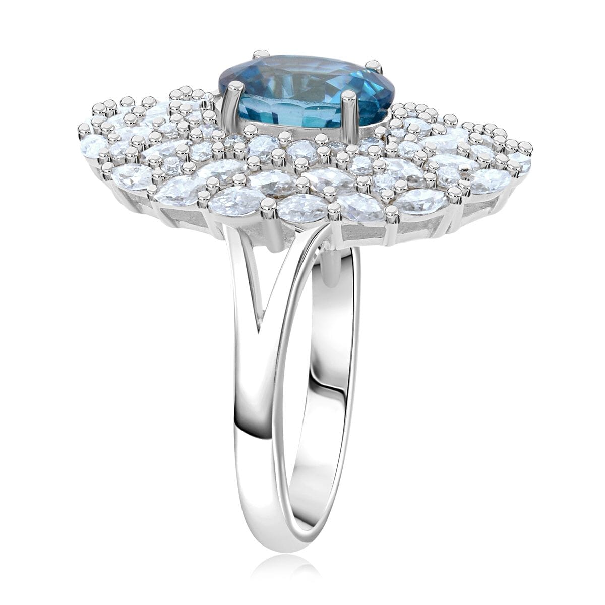 D'Joy Premium Cambodian Blue Zircon and Moissanite 4.50 ctw Ocean Empress Ring in Rhodium Over Sterling Silver (Size 10.0) image number 3