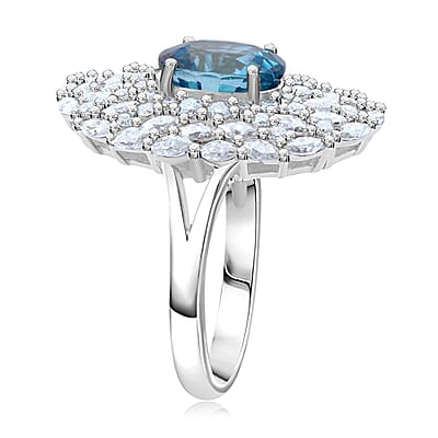 D'Joy Premium Cambodian Blue Zircon and Moissanite 4.50 ctw Ocean Empress Ring in Rhodium Over Sterling Silver (Size 10.0)