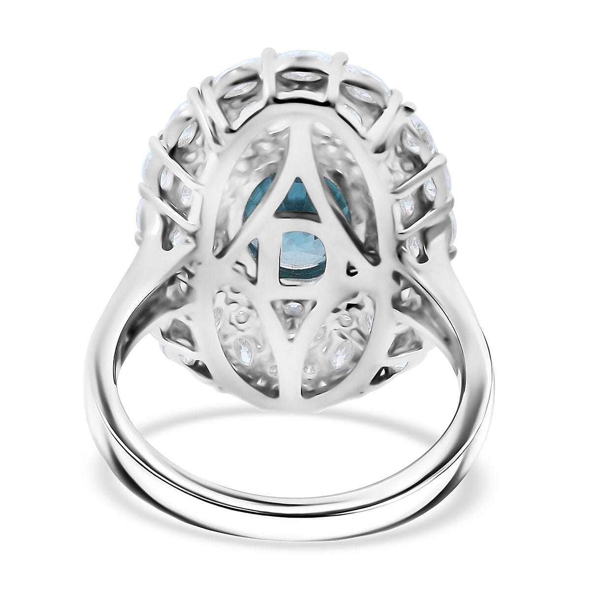 D'Joy Premium Cambodian Blue Zircon and Moissanite 4.50 ctw Ocean Empress Ring in Rhodium Over Sterling Silver (Size 10.0)