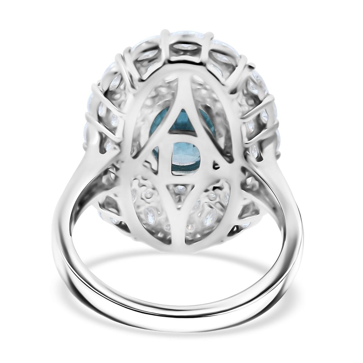 D'Joy Premium Cambodian Blue Zircon and Moissanite 4.50 ctw Ocean Empress Ring in Rhodium Over Sterling Silver (Size 10.0) image number 4