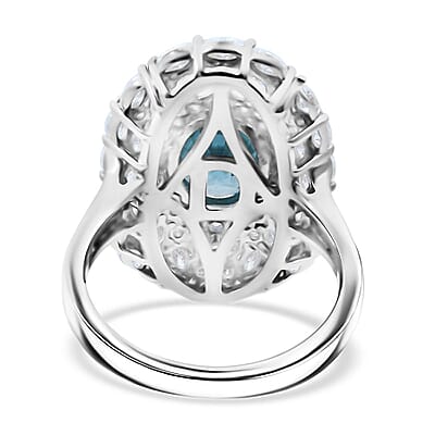 D'Joy Premium Cambodian Blue Zircon and Moissanite 4.50 ctw Ocean Empress Ring in Rhodium Over Sterling Silver (Size 10.0)