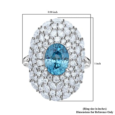D'Joy Premium Cambodian Blue Zircon and Moissanite 4.50 ctw Ocean Empress Ring in Rhodium Over Sterling Silver (Size 10.0)