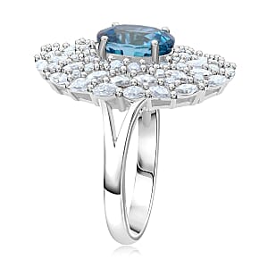 D'Joy Premium Cambodian Blue Zircon, Moissanite Ring in Rhodium Over Sterling Silver (Size 5.0) 4.50 ctw
