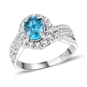 D'Joy Cambodian Blue Zircon and White Zircon 2.90 ctw Tide Embrance Ring in Rhodium Over Sterling Silver (Size 10.0)