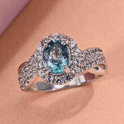 D'Joy Cambodian Blue Zircon and White Zircon 2.90 ctw Tide Embrance Ring in Rhodium Over Sterling Silver (Size 10.0)
