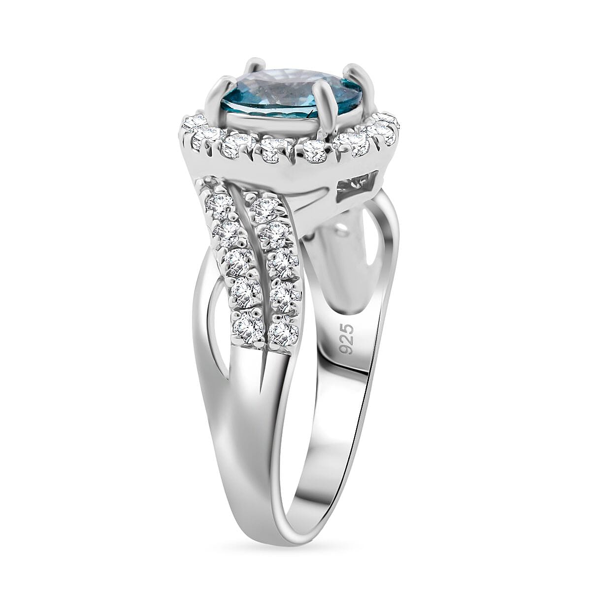 D'Joy Cambodian Blue Zircon and White Zircon 2.90 ctw Tide Embrance Ring in Rhodium Over Sterling Silver (Size 10.0)