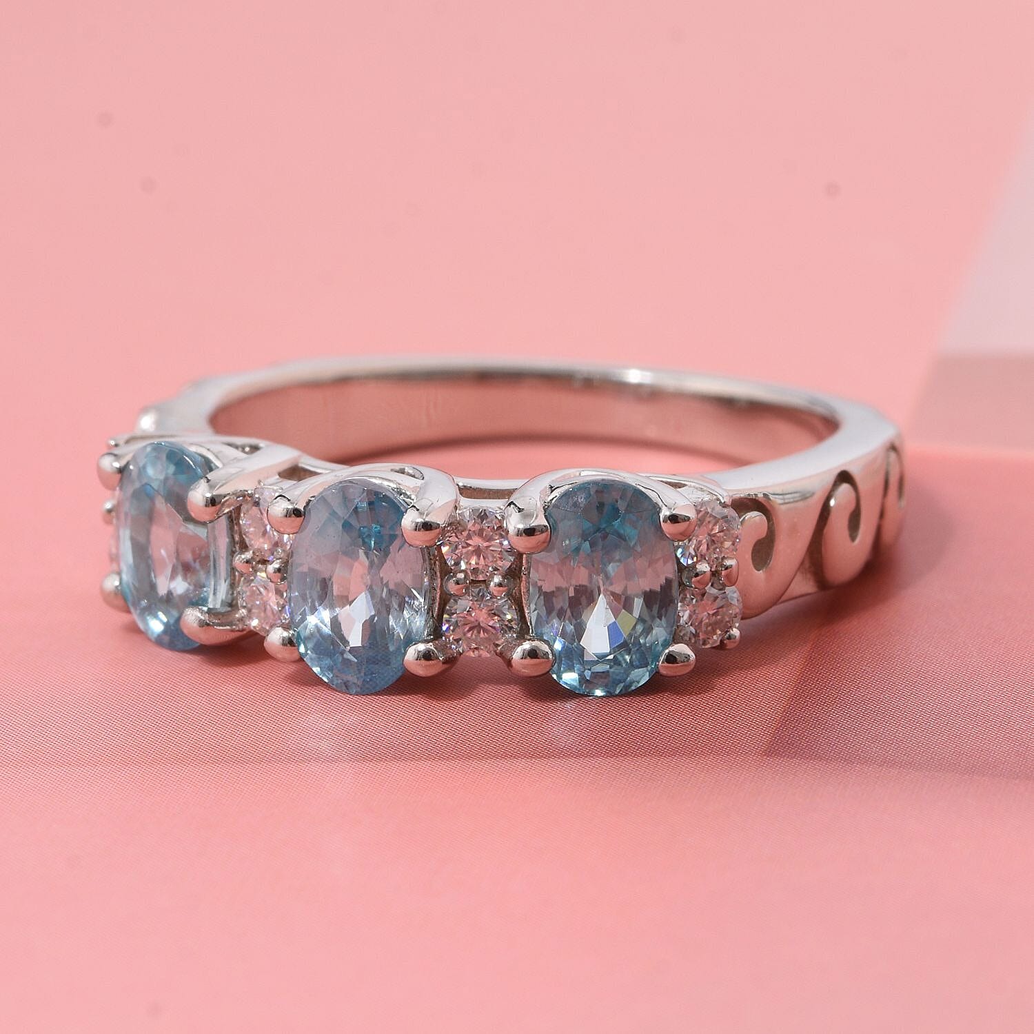 Premium Cambodian Blue Zircon and Moissanite 2.50 ctw Dancing Waves Ring in Rhodium Over Sterling Silver (Size 10.0)
