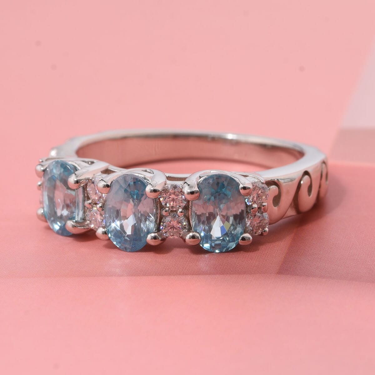 Premium Cambodian Blue Zircon and Moissanite 2.50 ctw Dancing Waves Ring in Rhodium Over Sterling Silver (Size 10.0) image number 1