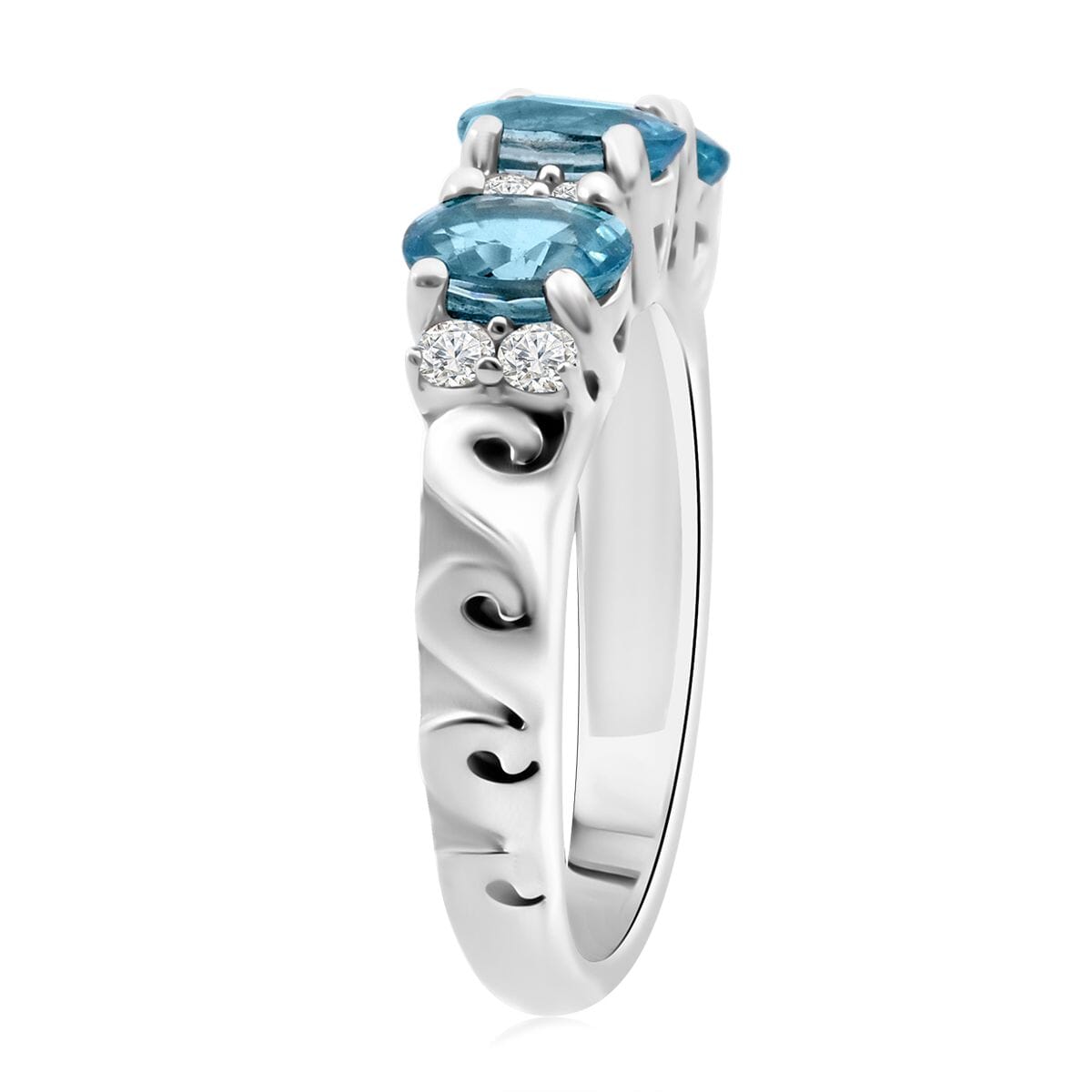 Premium Cambodian Blue Zircon and Moissanite 2.50 ctw Dancing Waves Ring in Rhodium Over Sterling Silver (Size 10.0) image number 3
