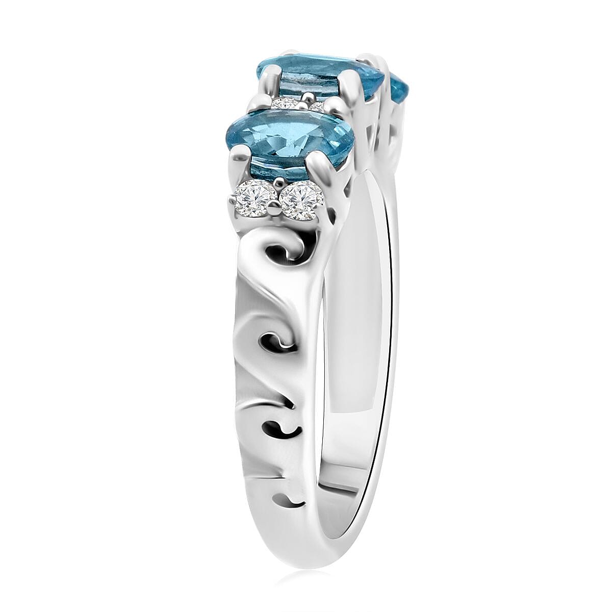 Premium Cambodian Blue Zircon and Moissanite 2.50 ctw Dancing Waves Ring in Rhodium Over Sterling Silver (Size 6.0) image number 3