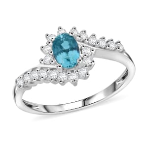 D'Joy Premium Cambodian Blue Zircon and White Zircon 1.25 ctw Ocean Flame Ring in Rhodium Over Sterling Silver (Size 10.0)