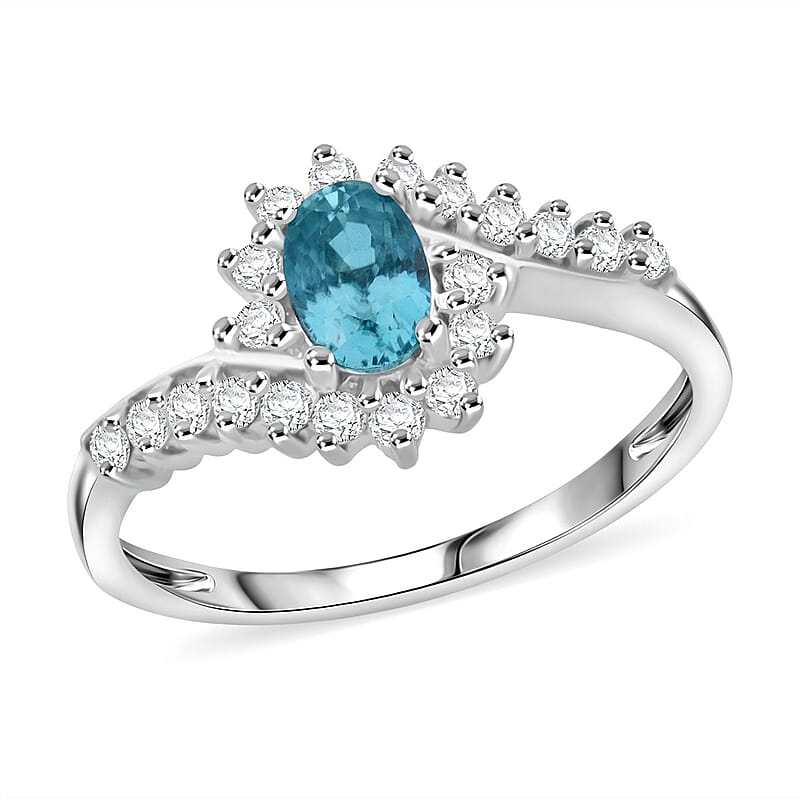 D'Joy Premium Cambodian Blue Zircon and White Zircon 1.25 ctw Ocean Flame Ring in Rhodium Over Sterling Silver (Size 10.0)