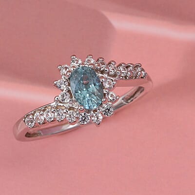 D'Joy Premium Cambodian Blue Zircon and White Zircon 1.25 ctw Ocean Flame Ring in Rhodium Over Sterling Silver (Size 10.0)