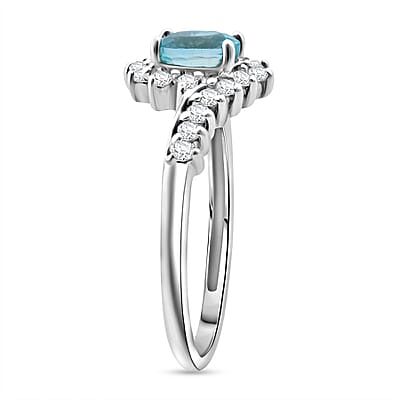 D'Joy Premium Cambodian Blue Zircon and White Zircon 1.25 ctw Ocean Flame Ring in Rhodium Over Sterling Silver (Size 10.0)