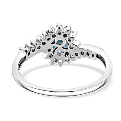 D'Joy Premium Cambodian Blue Zircon and White Zircon 1.25 ctw Ocean Flame Ring in Rhodium Over Sterling Silver (Size 10.0)