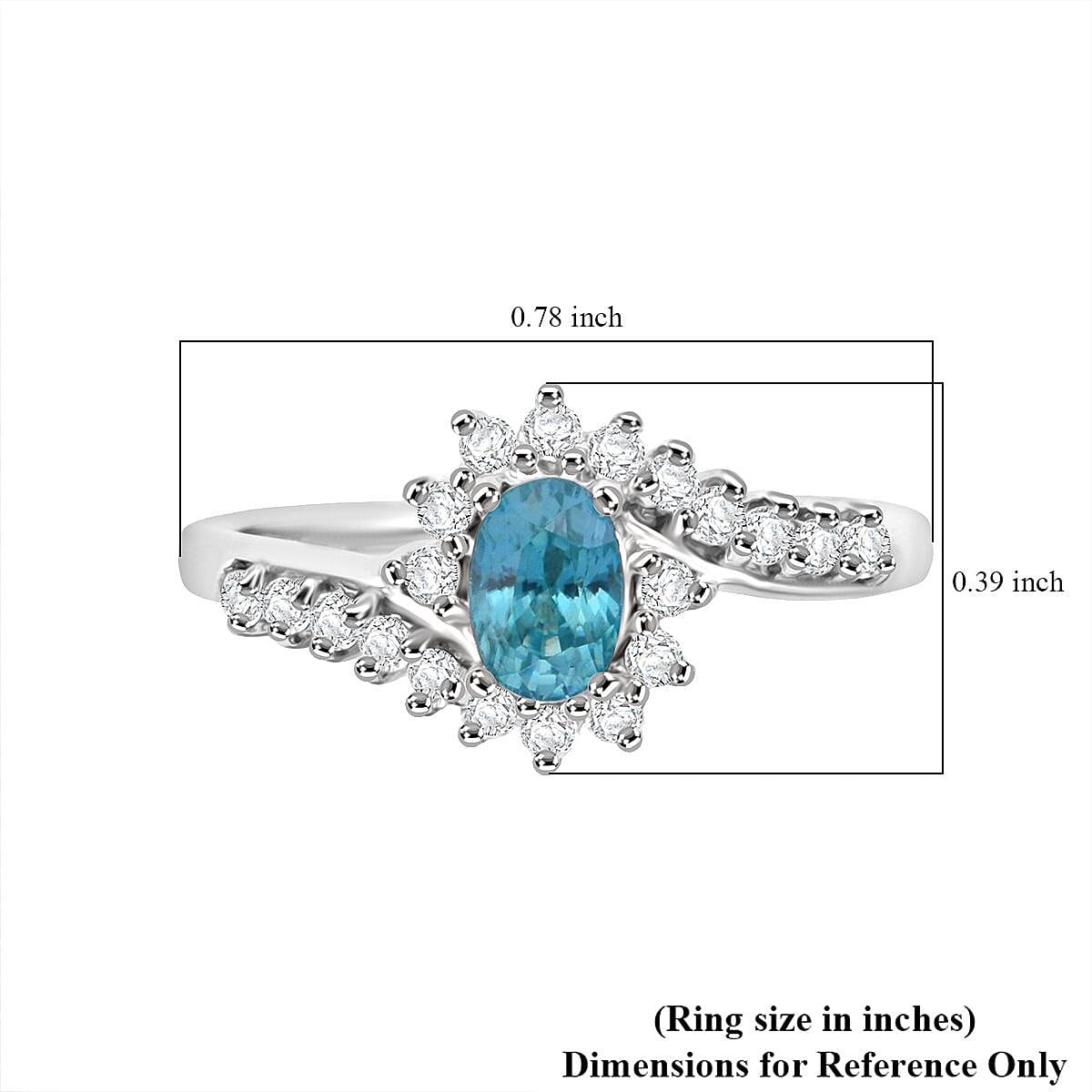 D'Joy Premium Cambodian Blue Zircon and White Zircon 1.25 ctw Ocean Flame Ring in Rhodium Over Sterling Silver (Size 10.0)