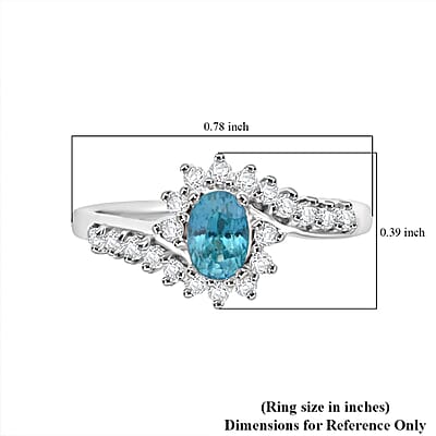 D'Joy Premium Cambodian Blue Zircon and White Zircon 1.25 ctw Ocean Flame Ring in Rhodium Over Sterling Silver (Size 10.0)
