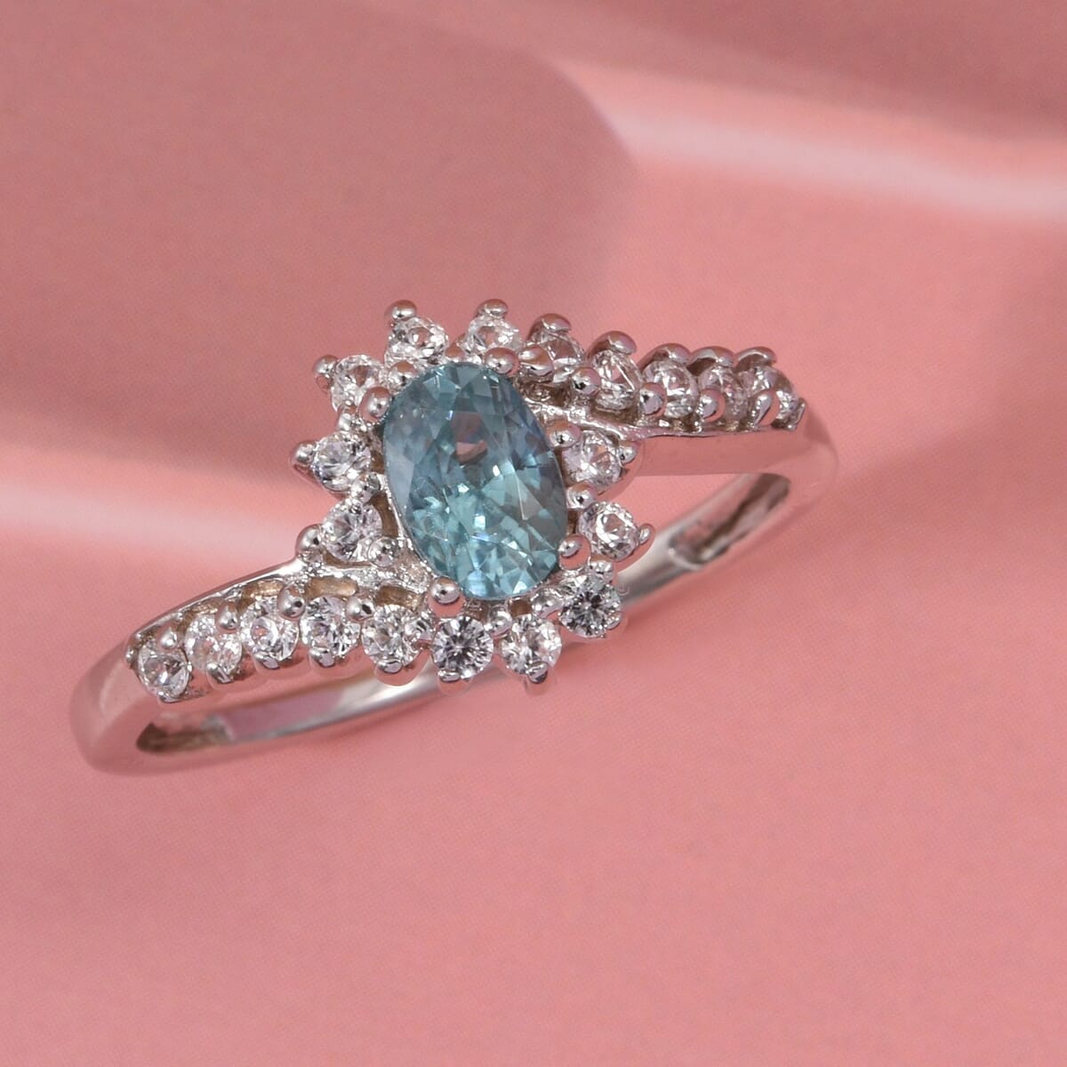 D'Joy Premium Cambodian Blue Zircon and White Zircon 1.25 ctw Ocean Flame Ring in Rhodium Over Sterling Silver (Size 7.0) image number 1