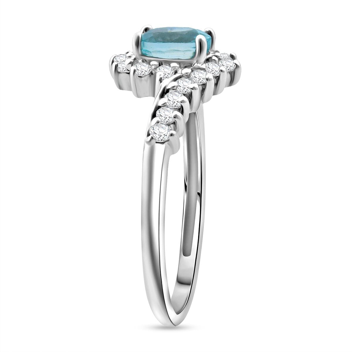 D'Joy Premium Cambodian Blue Zircon and White Zircon 1.25 ctw Ocean Flame Ring in Rhodium Over Sterling Silver (Size 7.0) image number 3