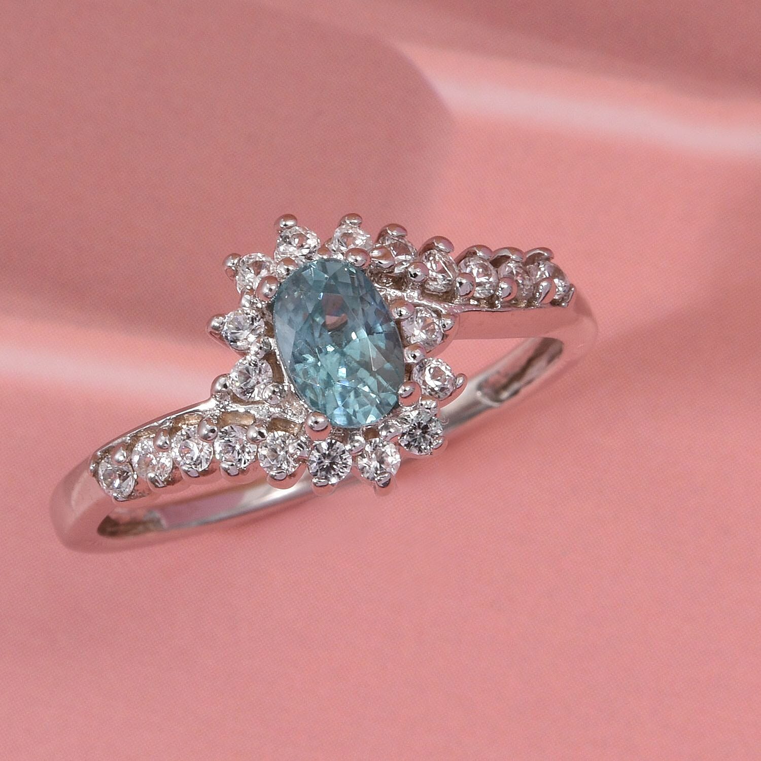D'Joy Premium Cambodian Blue Zircon and White Zircon 1.25 ctw Ocean Flame Ring in Rhodium Over Sterling Silver (Size 10.0)
