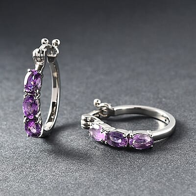 EverTrue African Amethyst 2.90 ctw Hoop Earrings in Stainless Steel