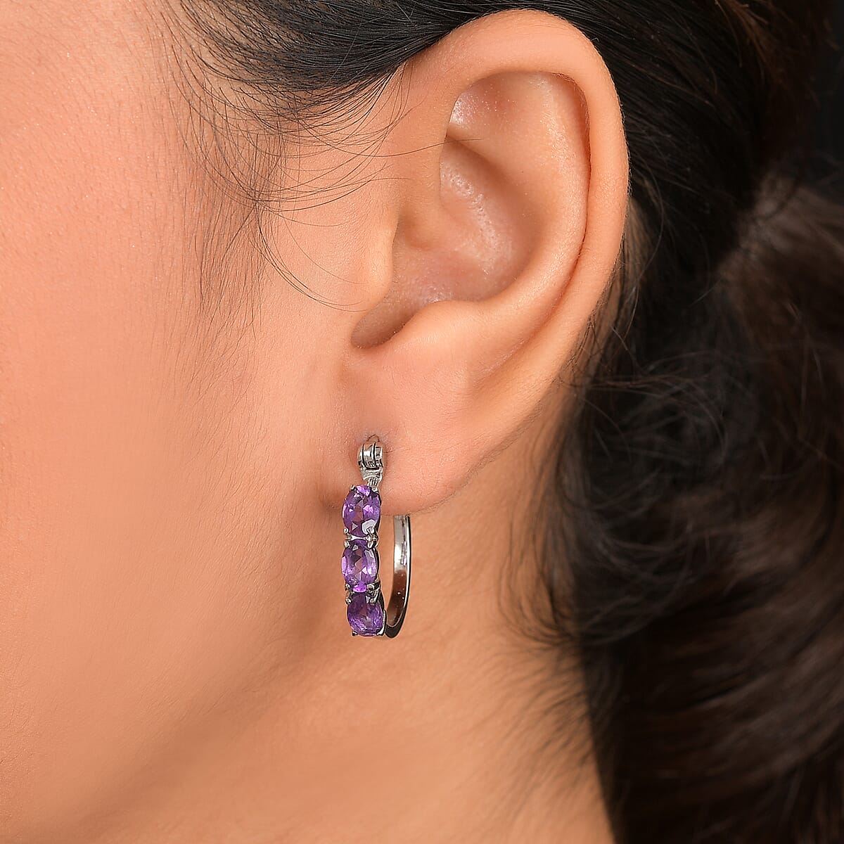EverTrue African Amethyst Hoop Earrings in Stainless Steel 2.90 ctw image number 2