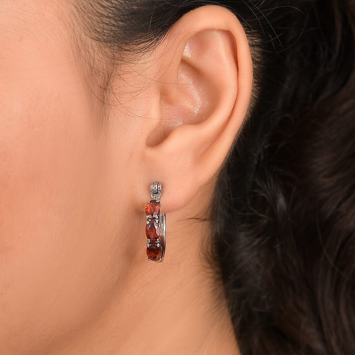 EverTrue Mozambique Garnet 3.40 ctw Hoop Earrings in Stainless Steel image number 2