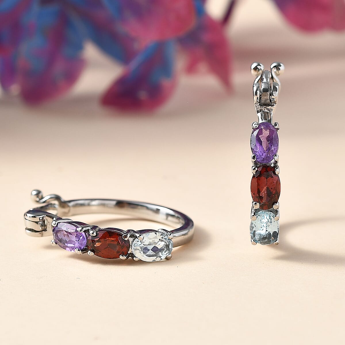 EverTrue Multi Gemstone 2.75 ctw Hoop Earrings in Stainless Steel  image number 1