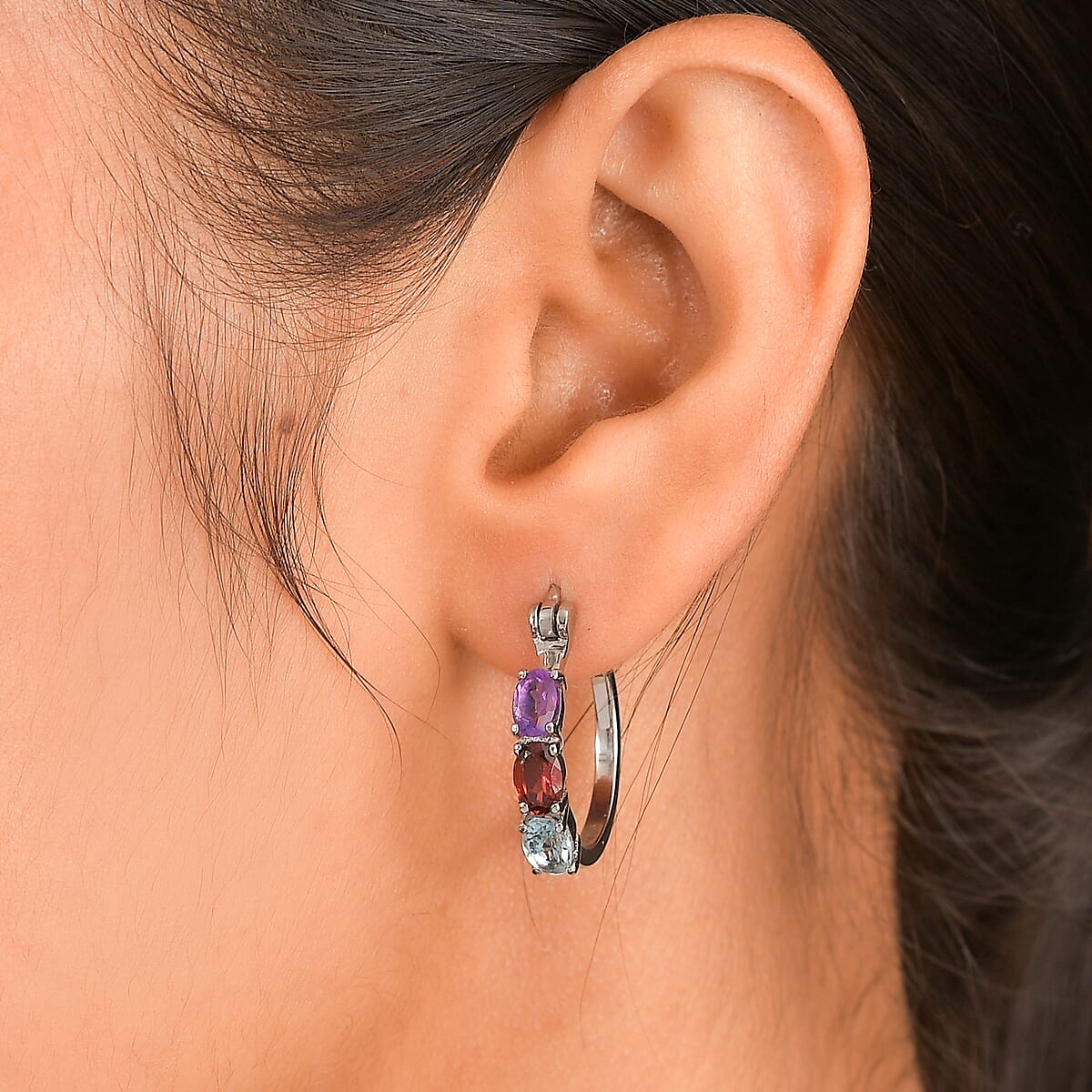 EverTrue Multi Gemstone 2.75 ctw Hoop Earrings in Stainless Steel  image number 2
