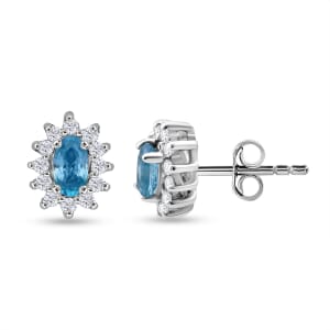 D'Joy Premium Cambodian Blue Zircon and White Zircon 1.15 ctw Ocean Flame Stud Earrings in Rhodium Over Sterling Silver