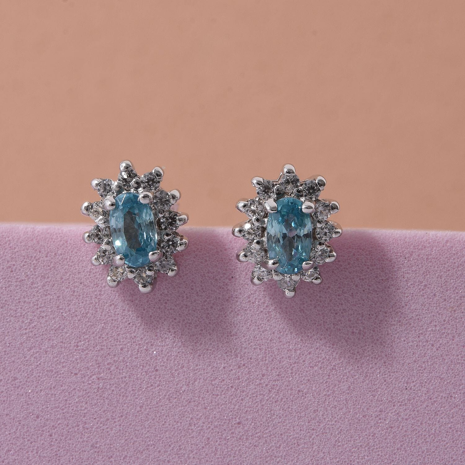D'Joy Premium Cambodian Blue Zircon and White Zircon 1.15 ctw Ocean Flame Stud Earrings in Rhodium Over Sterling Silver