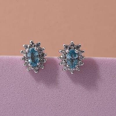 D'Joy Premium Cambodian Blue Zircon and White Zircon 1.15 ctw Ocean Flame Stud Earrings in Rhodium Over Sterling Silver