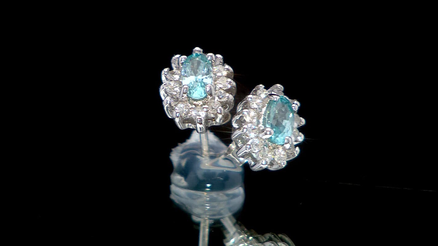 D'Joy Premium Cambodian Blue Zircon and White Zircon 1.15 ctw Ocean Flame Stud Earrings in Rhodium Over Sterling Silver